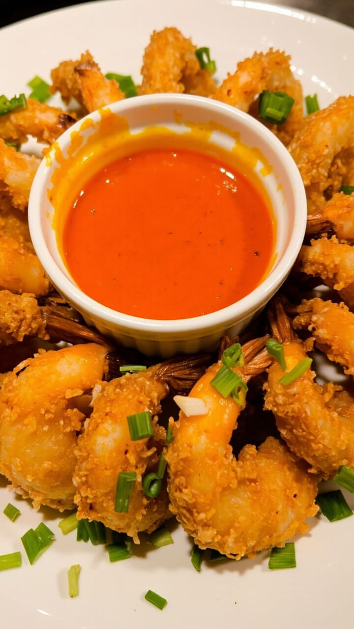 Golden-brown coconut shrimp arranged on a round platter, with a small bowl of bright orange sweet chili sauce in the center and a scatter of chopped scallions. Golden-brown coconut shrimp arranged on a round platter, with a small bowl of bright orange sweet chili sauce in the center and a scatter of chopped scallions.