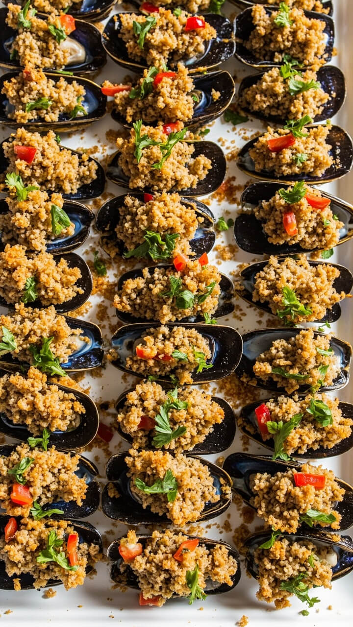 Blue-black mussel halves mounded with golden breadcrumb mixture, bits of red pepper and parsley visible, arranged in rows on a white enamel baking tray. Blue-black mussel halves mounded with golden breadcrumb mixture, bits of red pepper and parsley visible, arranged in rows on a white enamel baking tray.