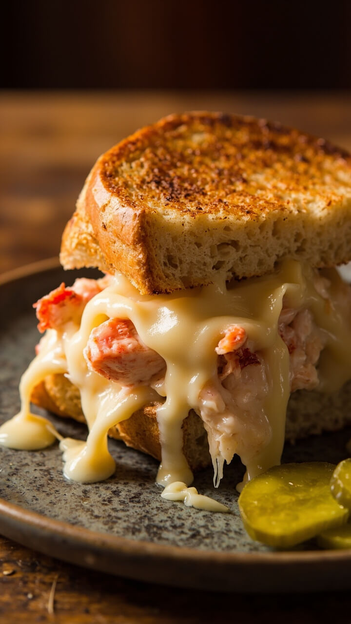 Golden, crisp sourdough bread oozing with melted white cheddar and lobster chunks, cut diagonally and stacked on a rustic plate with a few pickle slices. Golden, crisp sourdough bread oozing with melted white cheddar and lobster chunks, cut diagonally and stacked on a rustic plate with a few pickle slices.