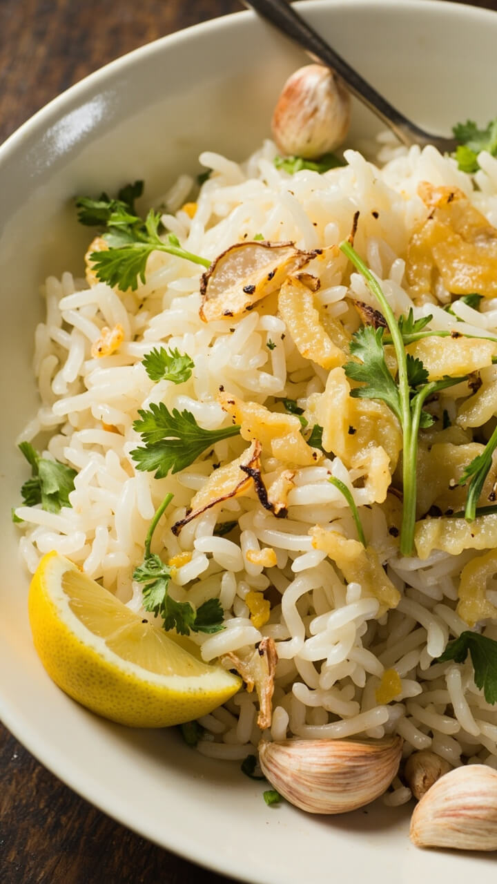 A low, wide bowl of rice with visible flecks of golden sautéed garlic and parsley, glistening from melted butter, with a lemon wedge on the edge and a few whole garlic cloves scattered on the side. A low, wide bowl of rice with visible flecks of golden sautéed garlic and parsley, glistening from melted butter, with a lemon wedge on the edge and a few whole garlic cloves scattered on the side.