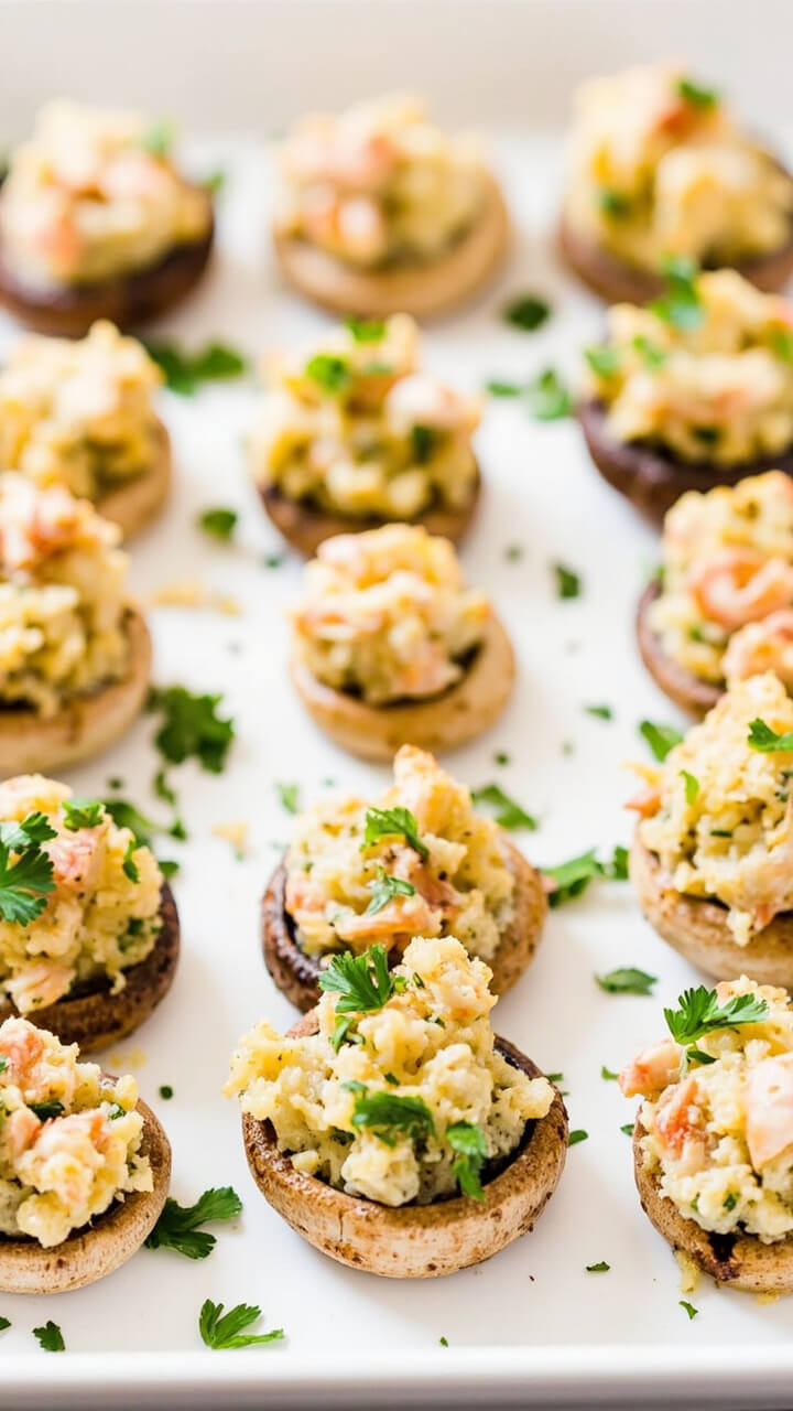 White button mushroom caps baked until golden, filled with creamy lobster stuffing, arranged in neat rows on a platter with a sprinkle of chopped parsley. White button mushroom caps baked until golden, filled with creamy lobster stuffing, arranged in neat rows on a platter with a sprinkle of chopped parsley.