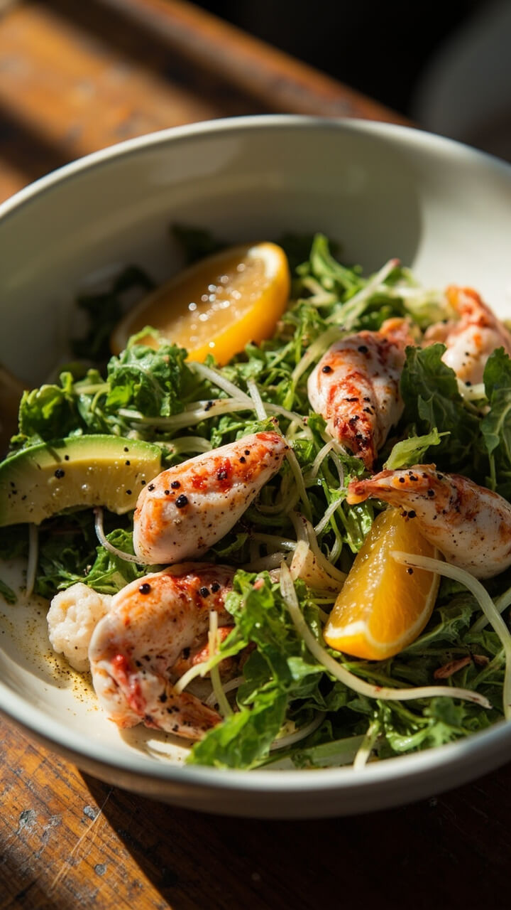 A shallow bowl of mixed spring greens, pink langostino tails, segmented orange and grapefruit, thin slices of avocado, and a drizzle of clear vinaigrette, finished with a sprinkle of black pepper.