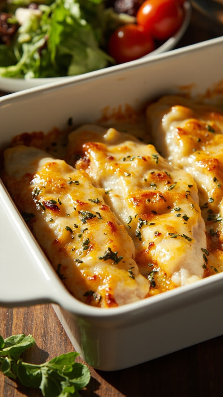 Fillets in a white casserole, topped with a golden cheesy crust and flecks of dried Italian herbs. A simple side salad and a few grape tomatoes are arranged next to the platter.