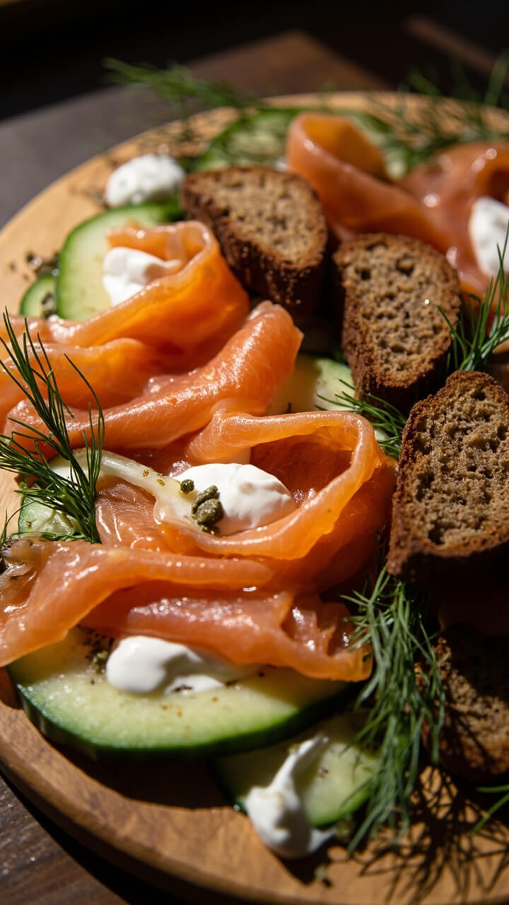 A round wood serving board with folds of smoked salmon, dollops of crème fraîche, cucumber ribbons, rye toasts, and a scattering of capers and dill sprigs. A round wood serving board with folds of smoked salmon, dollops of crème fraîche, cucumber ribbons, rye toasts, and a scattering of capers and dill sprigs.