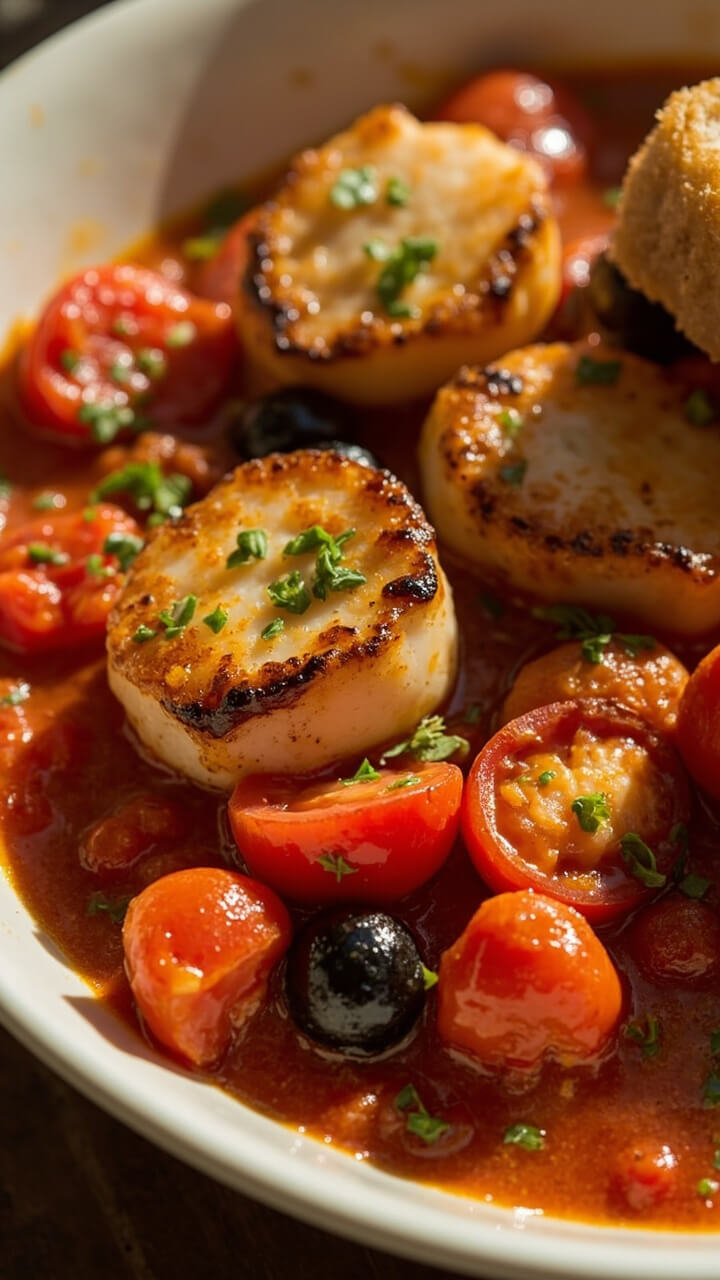 Scallops nestled in a garlicky tomato-based sauce with visible pieces of grape tomatoes, black olives, and chopped parsley, served in a shallow white bowl with a hunk of crusty bread.