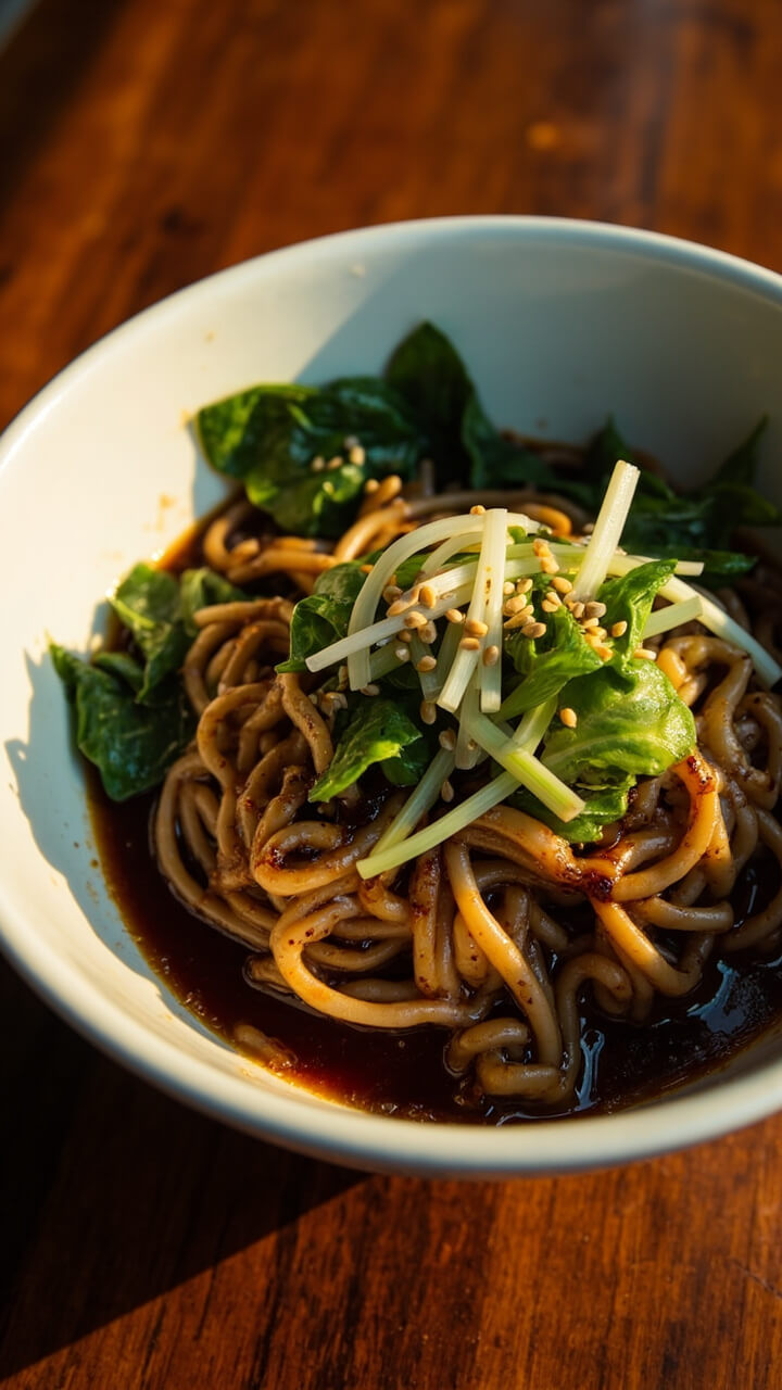A clean white bowl lined with glossy ramen noodles twirled in dark soy and sesame sauce, topped with fresh baby spinach and sliced scallions. Sesame seeds are sprinkled on top, and a sesame oil sheen glistens. A clean white bowl lined with glossy ramen noodles twirled in dark soy and sesame sauce, topped with fresh baby spinach and sliced scallions. Sesame seeds are sprinkled on top, and a sesame oil sheen glistens.