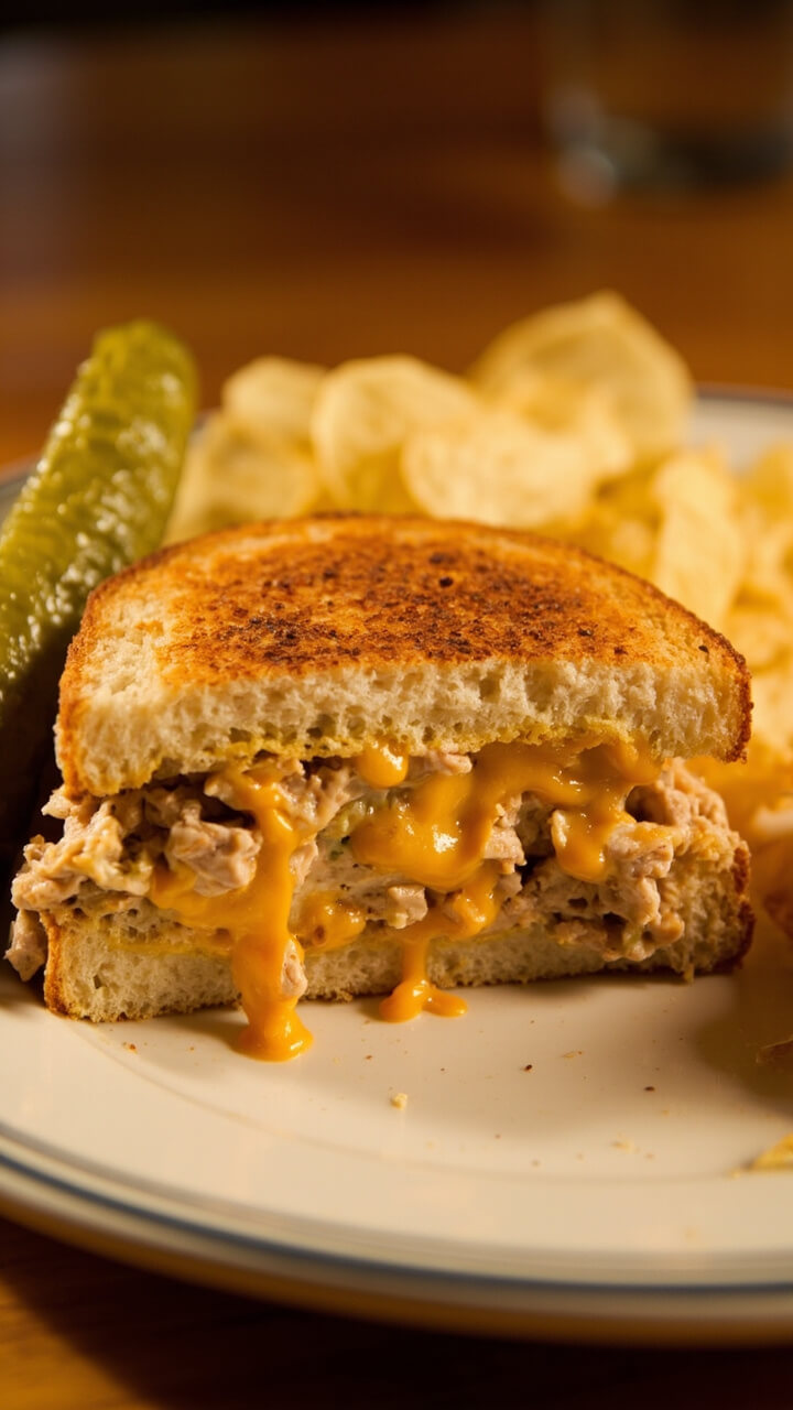 Golden-toasted rye bread, overflowing with cheesy, bubbling tuna salad, melted cheddar stretching along the cut edge, with dill pickle spears and a handful of kettle chips on the side of a diner-style plate. Golden-toasted rye bread, overflowing with cheesy, bubbling tuna salad, melted cheddar stretching along the cut edge, with dill pickle spears and a handful of kettle chips on the side of a diner-style plate.