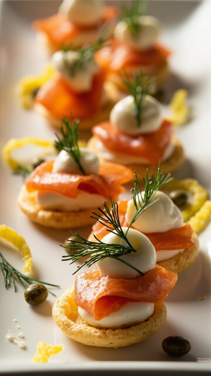 A white platter lined with small golden blinis, each topped with a dollop of crème fraîche, a slice of smoked salmon, and a few sprigs of fresh dill. Lemon twists and capers are scattered between the blinis. A white platter lined with small golden blinis, each topped with a dollop of crème fraîche, a slice of smoked salmon, and a few sprigs of fresh dill. Lemon twists and capers are scattered between the blinis.