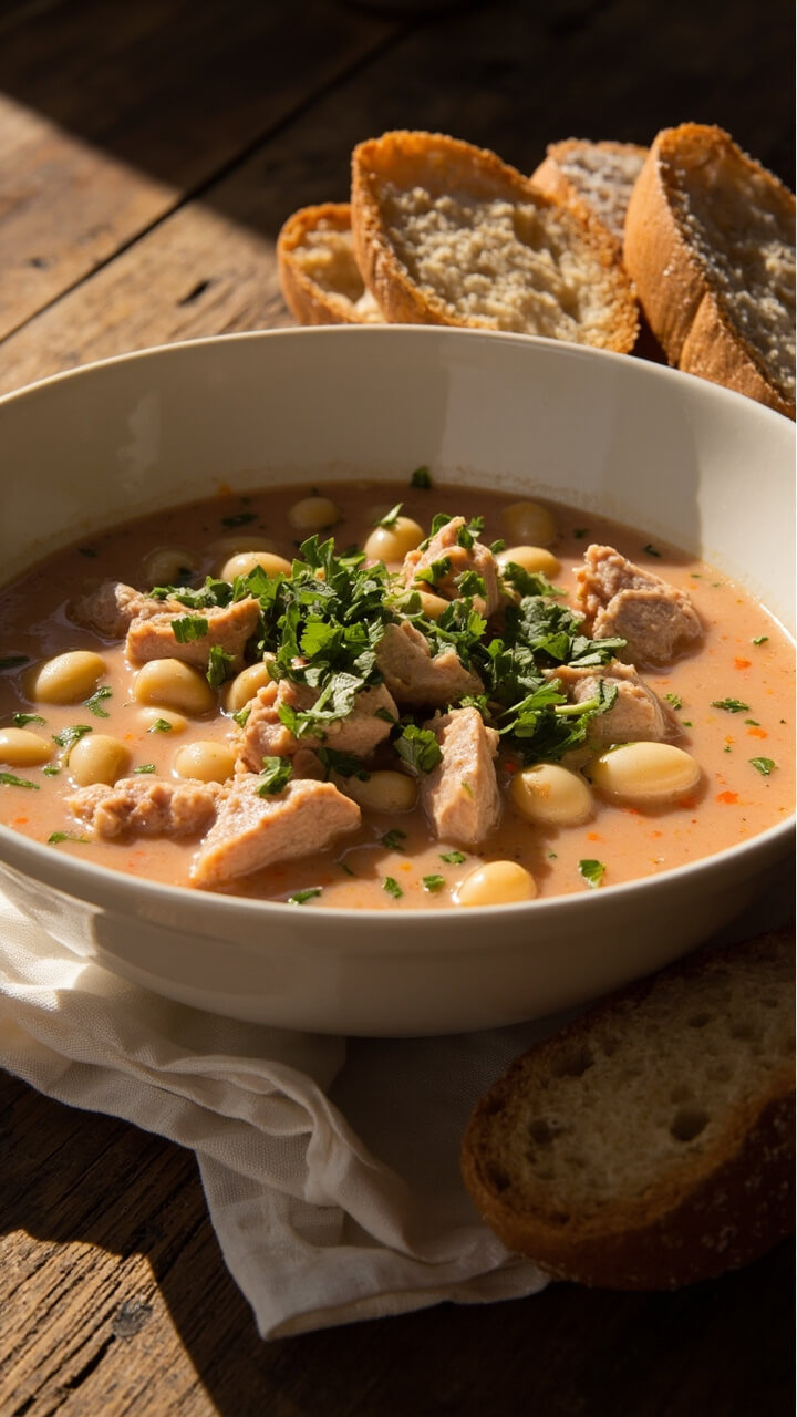 A white ceramic bowl filled with creamy white beans and chunks of tuna in a light tomato broth, topped with chopped parsley. A few slices of crusty bread rest on the side of the bowl. A white ceramic bowl filled with creamy white beans and chunks of tuna in a light tomato broth, topped with chopped parsley. A few slices of crusty bread rest on the side of the bowl.