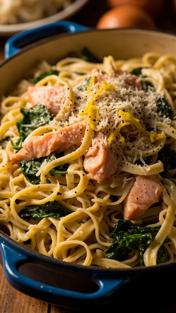 A pasta bowl filled with creamy noodles, pink flakes of salmon, ribbons of spinach, and a squeeze of lemon zest on top, dusted lightly with parmesan and plenty of cracked pepper. Served family-style in a Dutch oven.