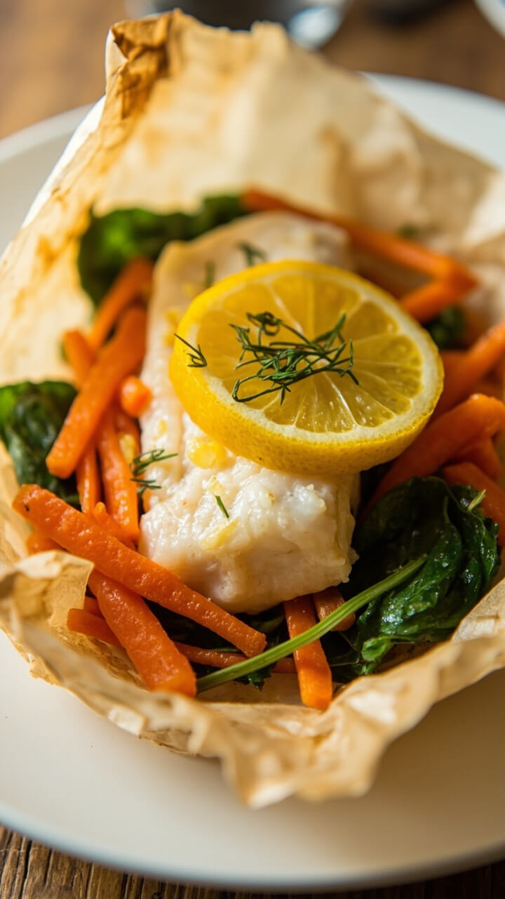 A parchment packet opened on a dinner plate, revealing cod fillet topped with thin-sliced lemon, julienned carrots, and baby spinach. The vegetables are vibrantly colored and slightly wilted from steaming, and a light sprinkling of fresh herbs finishes the dish.