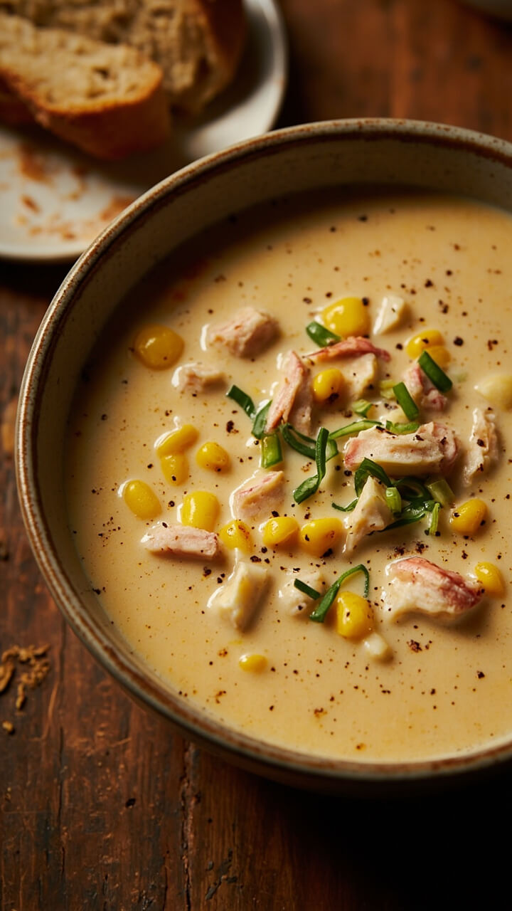 A wide soup bowl filled with creamy chowder, visible bits of bright yellow corn and chunks of pinkish crab lightly garnished with chopped chives and cracked black pepper. There’s a slice of crusty bread on the side. A wide soup bowl filled with creamy chowder, visible bits of bright yellow corn and chunks of pinkish crab lightly garnished with chopped chives and cracked black pepper. There’s a slice of crusty bread on the side.