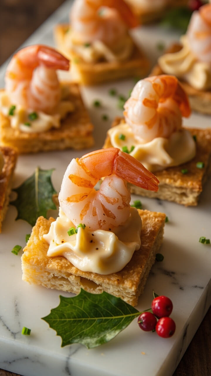 Small golden puff pastry squares topped with dollops of creamy shrimp filling and a single shrimp, sprinkled with fresh chives, arranged neatly on a marble platter with a few scattered holly leaves for a holiday touch.