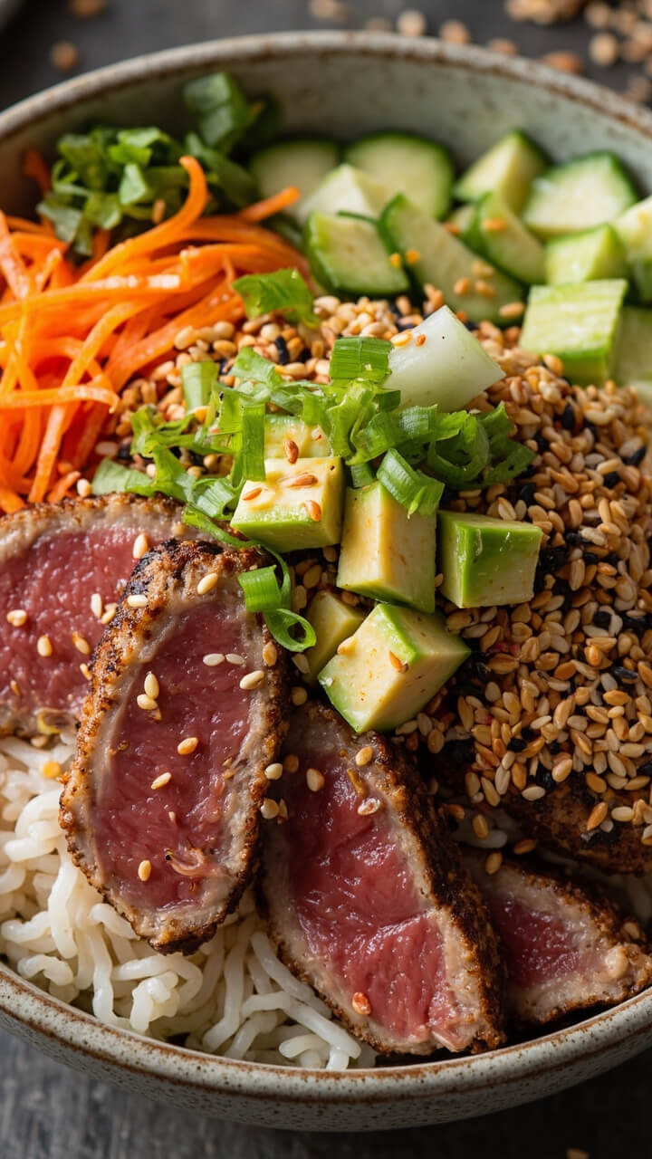 A round bowl layered with sushi rice, seared cubed tuna steak, shredded carrots, sliced cucumber, diced avocado, and a drizzle of soy-sesame dressing. Topped with sesame seeds and green onion slices.