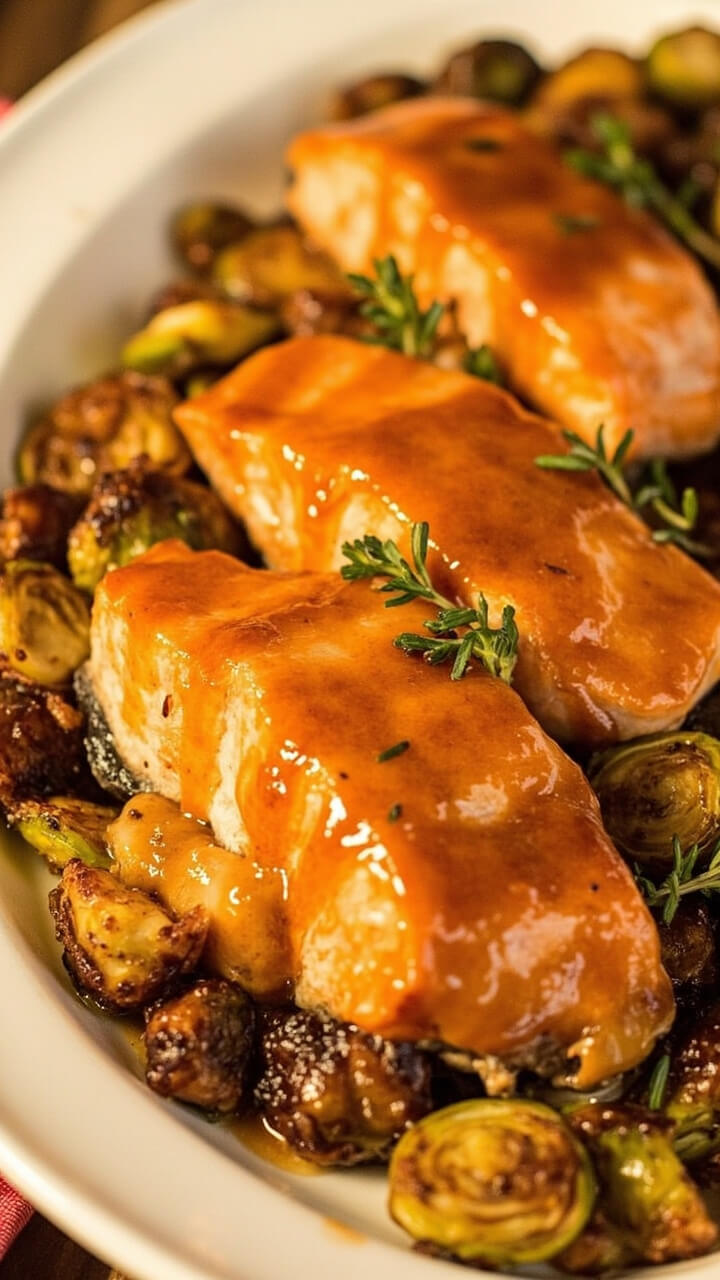 Oven-roasted salmon fillets beautifully glazed in a glossy honey-mustard sauce served on a white platter lined with crisped, golden Brussels sprout halves, a few fresh thyme sprigs scattered for color.