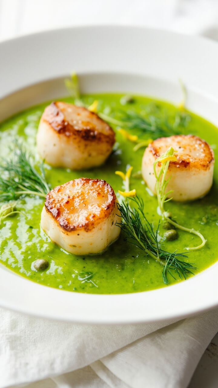 Three seared scallops rest atop a pool of vivid green pea purée on a shallow white bowl, finished with a sprinkling of dill and lemon zest. There’s a gently folded napkin underneath and a few pea shoots for garnish. Three seared scallops rest atop a pool of vivid green pea purée on a shallow white bowl, finished with a sprinkling of dill and lemon zest. There’s a gently folded napkin underneath and a few pea shoots for garnish.