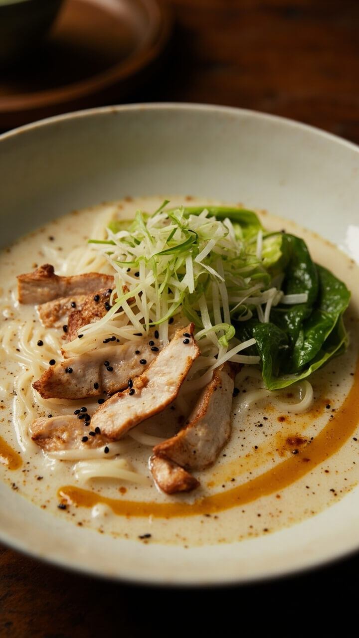 A wide bowl of pale, creamy broth with springy ramen noodles, sliced roasted chicken, bok choy nestled at the side, and a swirl of miso. Delicate shavings of green onion and a sprinkle of black sesame seeds finish the look. A wide bowl of pale, creamy broth with springy ramen noodles, sliced roasted chicken, bok choy nestled at the side, and a swirl of miso. Delicate shavings of green onion and a sprinkle of black sesame seeds finish the look.