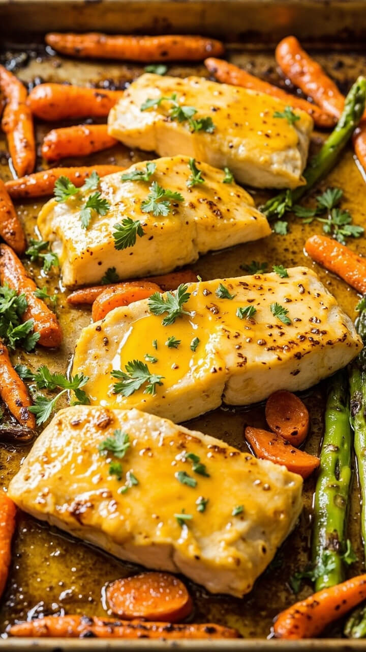 Cod fillets brushed with a glossy lemon-Dijon sauce, roasted on a sheet pan with baby carrots and asparagus spears. The vegetables have caramelized tips and the fish shines with a golden finish. A sprinkle of chopped fresh parsley is over everything.