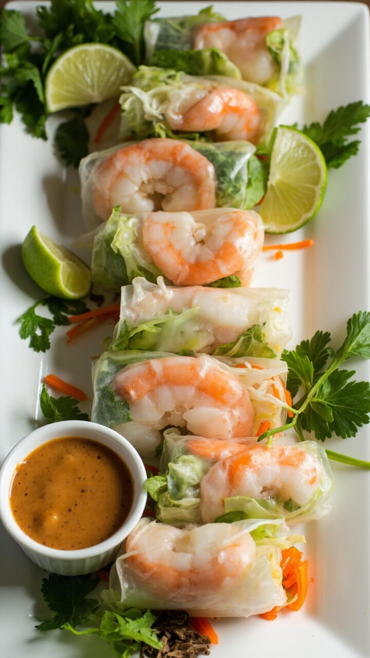 Six translucent rice paper rolls, stuffed with pink shrimp, lettuce, mint, julienned carrots, and rice noodles, are arranged on a white platter beside a small dipping bowl of peanut sauce. Slices of lime and sprigs of cilantro add fresh color, and the rolls glisten lightly from a mist of water.