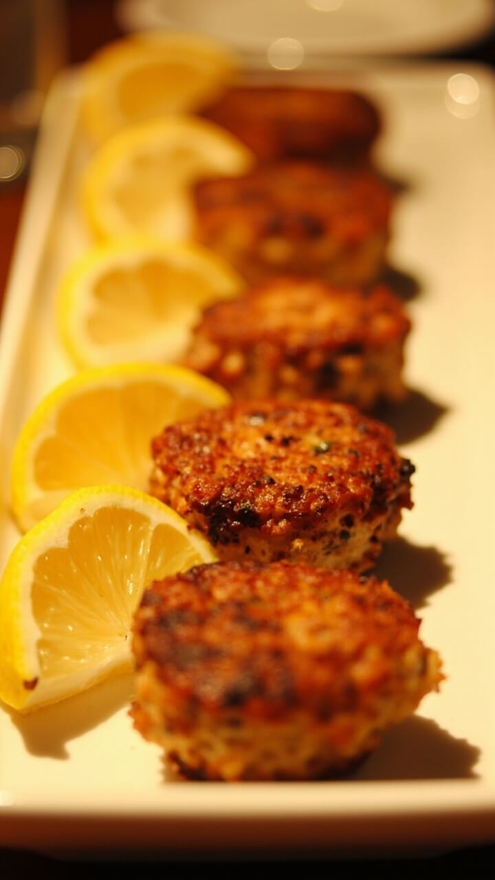 A plate lined with several golden-brown tuna cakes, garnished with chopped dill and served next to a small bowl of creamy lemon aioli. Two lemon wedges are on the plate. A plate lined with several golden-brown tuna cakes, garnished with chopped dill and served next to a small bowl of creamy lemon aioli. Two lemon wedges are on the plate.