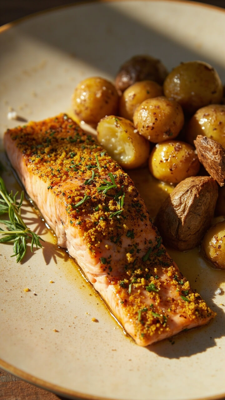 Salmon fillets smeared with a mustard-herb mixture, flecked with green. Plated with a few sprigs of parsley and a pile of roasted new potatoes on a light ceramic dish.