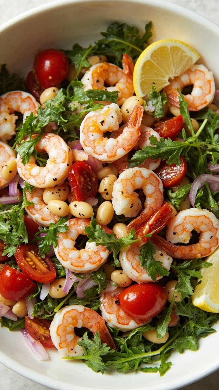 A wide, shallow serving bowl with a mix of shrimp, cannellini beans, cherry tomatoes, diced red onion, fresh parsley, and baby arugula, all lightly coated in a lemony vinaigrette. The salad is topped with a few grinds of black pepper and a lemon wedge off to the side.