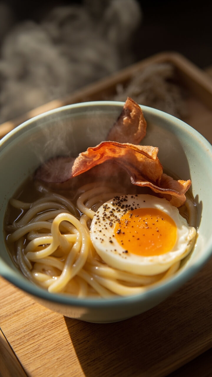 A small, light blue bowl with ramen noodles in a clear broth, a crispy strip of bacon resting on top, a silky poached egg nestled next to the noodles, and a little cracked black pepper scattered over everything, set on a breakfast tray.