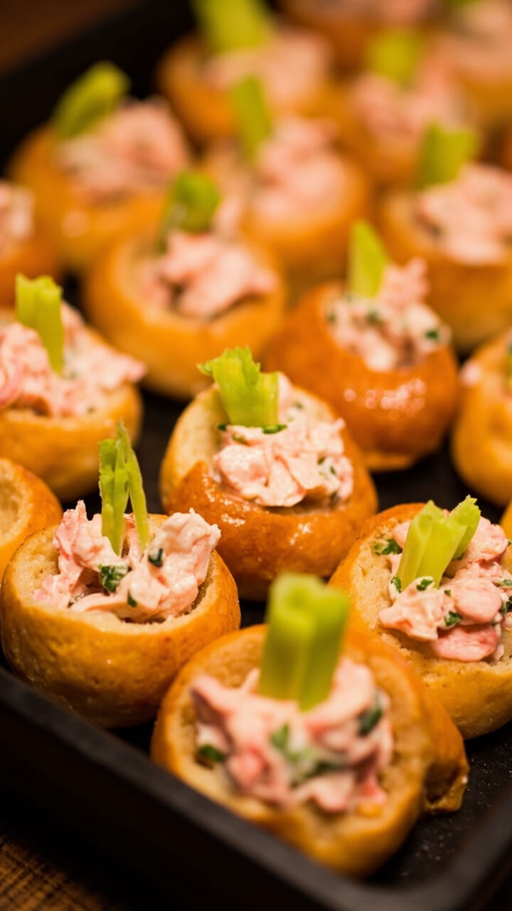 Tray of soft mini brioche buns split and filled with pink lobster salad, flecked with green herbs, each topped with a tiny celery leaf and lined up neatly. Tray of soft mini brioche buns split and filled with pink lobster salad, flecked with green herbs, each topped with a tiny celery leaf and lined up neatly.