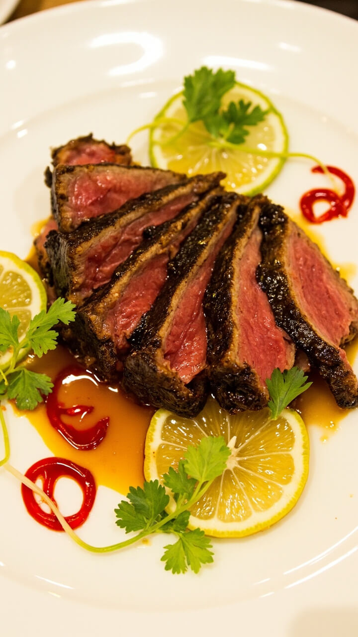 A bright, glossy tuna steak seared and sliced on a round white plate, garnished with thin lime slices and tiny red chili rings. Glaze pools lightly around the steak, finished with sprigs of cilantro.