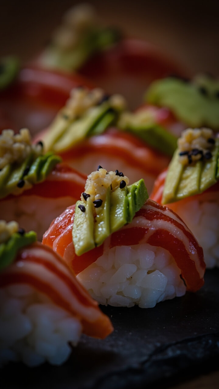 Small rounds of sushi rice, each topped with diced spicy tuna and creamy avocado, sprinkled with black sesame seeds, set on a slate sushi tray. Small rounds of sushi rice, each topped with diced spicy tuna and creamy avocado, sprinkled with black sesame seeds, set on a slate sushi tray.