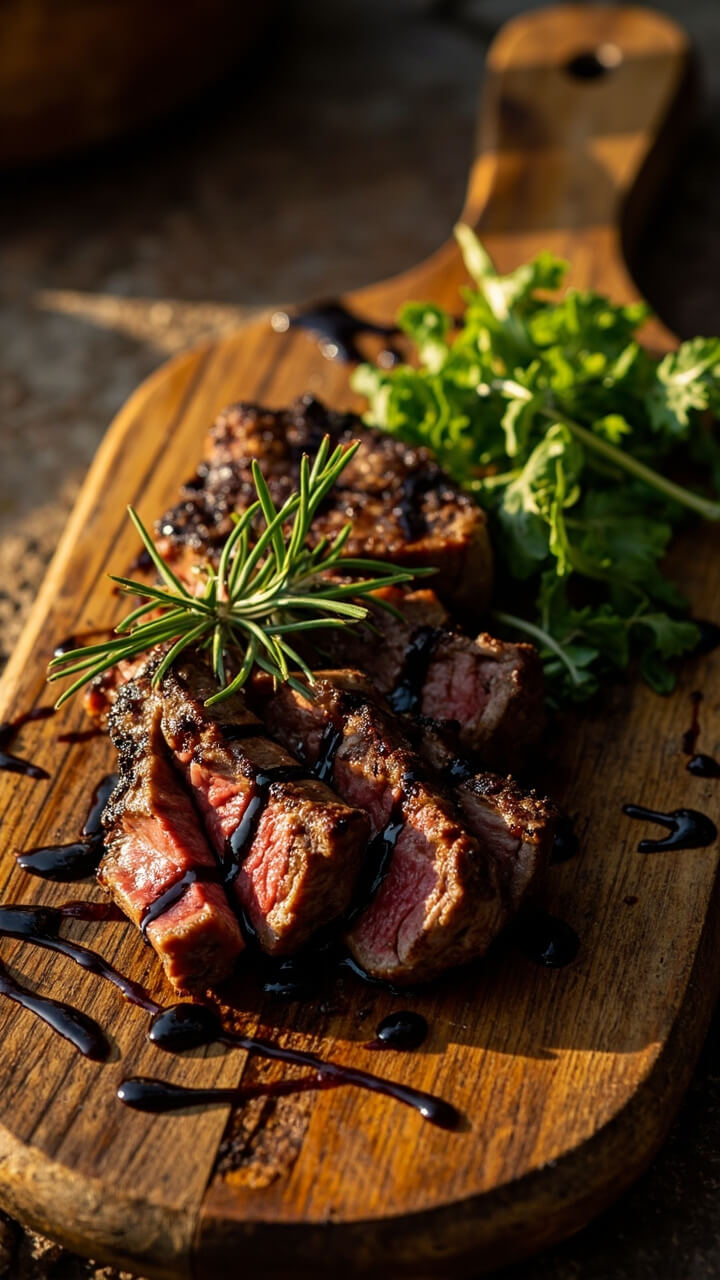 Grilled sirloin steaks, sliced, drizzling with dark balsamic reduction and garnished with rosemary, arranged next to a small pile of arugula on a rustic wooden board. Grilled sirloin steaks, sliced, drizzling with dark balsamic reduction and garnished with rosemary, arranged next to a small pile of arugula on a rustic wooden board.