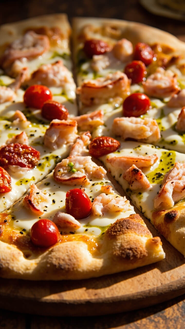 A thin, crispy pizza crust topped with melted mozzarella, scattered lobster chunks, roasted cherry tomatoes, and a shiny drizzle of green garlic-herb oil, sliced and served on a wooden board. A thin, crispy pizza crust topped with melted mozzarella, scattered lobster chunks, roasted cherry tomatoes, and a shiny drizzle of green garlic-herb oil, sliced and served on a wooden board.
