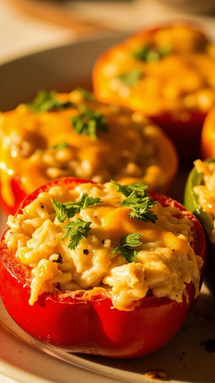 A platter of colorful bell peppers, halved and stuffed with a golden, cheesy chicken and rice filling, topped with a sprinkle of fresh parsley.