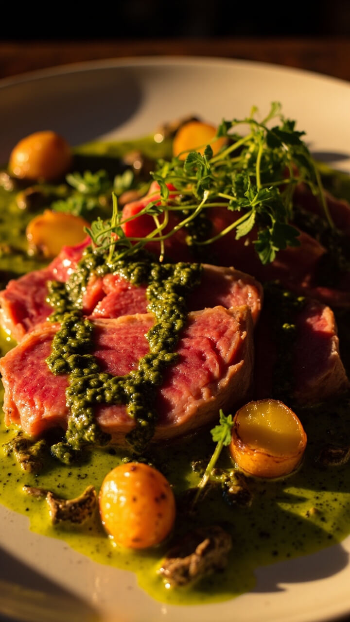 A plate with a thick tuna steak sliced into strips, drizzled generously with bright green chimichurri sauce. Accompanied by roasted baby potatoes and extra herbs sprinkled over the top.