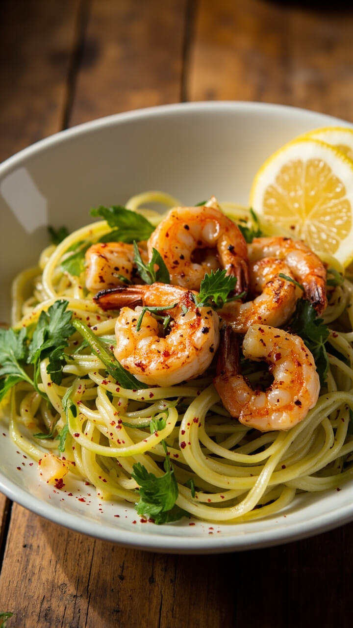 A white bowl of glistening, spiralized zucchini noodles topped with sautéed shrimp and parsley, thin lemon wheels on the side, a dusting of red pepper flakes. A white bowl of glistening, spiralized zucchini noodles topped with sautéed shrimp and parsley, thin lemon wheels on the side, a dusting of red pepper flakes.