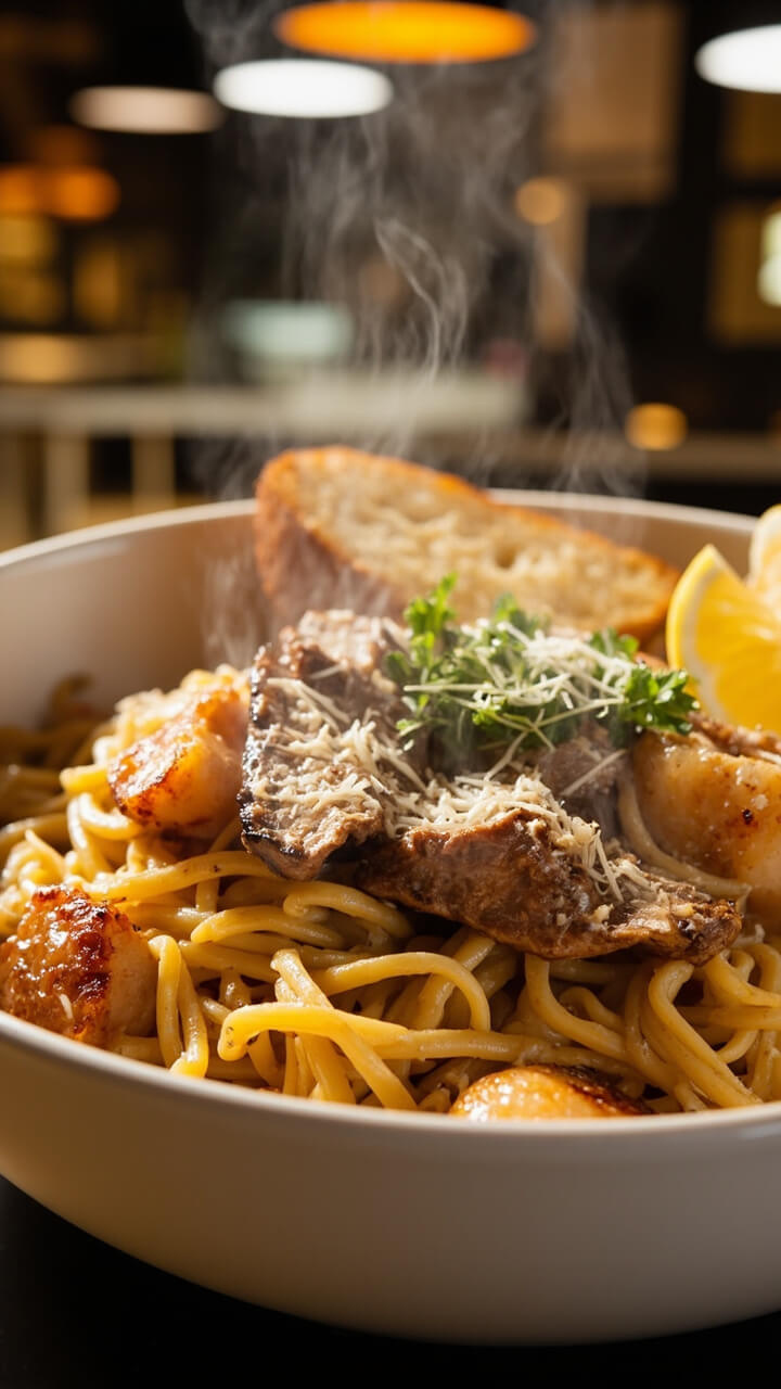 A deep bowl of creamy fettuccine tossed with slices of seared steak and golden scallops, topped with a dusting of parmesan and chopped parsley. Garlic bread and a lemon wedge rest on the side of the bowl. A deep bowl of creamy fettuccine tossed with slices of seared steak and golden scallops, topped with a dusting of parmesan and chopped parsley. Garlic bread and a lemon wedge rest on the side of the bowl.
