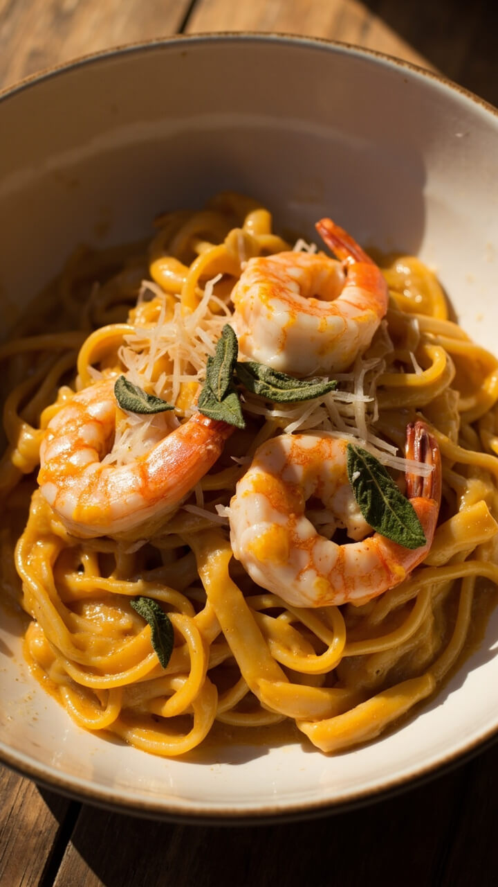 A shallow bowl with thick bucatini in creamy, orange-tinted pumpkin sauce, shrimp arranged over top, a dusting of parmesan and a sprinkle of fresh sage as garnish. A shallow bowl with thick bucatini in creamy, orange-tinted pumpkin sauce, shrimp arranged over top, a dusting of parmesan and a sprinkle of fresh sage as garnish.