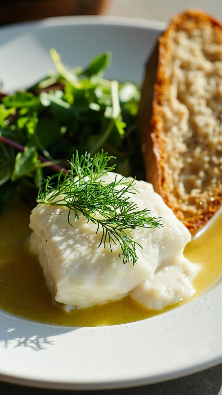 Flaky, white halibut steak sitting in shallow white dish, surrounded by clear poaching liquid flecked with dill and a few delicate lemon wheels. Topped with more fresh dill. Simple greens and a wedge of bread to the side.