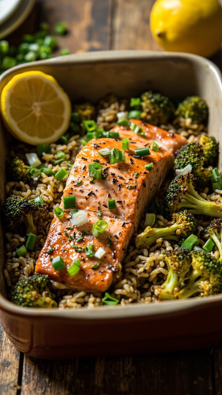 A square baking dish with flaked baked salmon atop a bed of seasoned rice and roasted broccoli florets. Chopped scallions are sprinkled over everything, with a lemon wedge on the side.