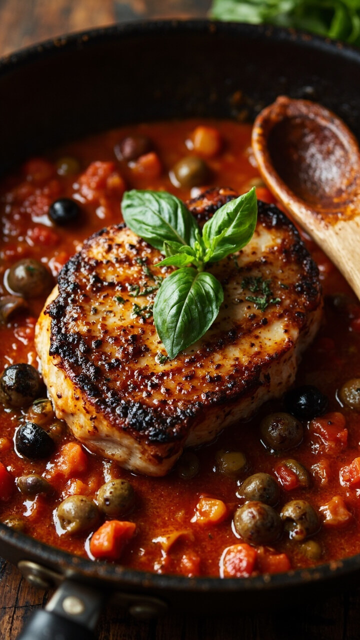 A skillet with a seared tuna steak nestled into a chunky tomato sauce with visible olives and capers. Served with a spoon resting on the side and fresh basil sprinkled on top.