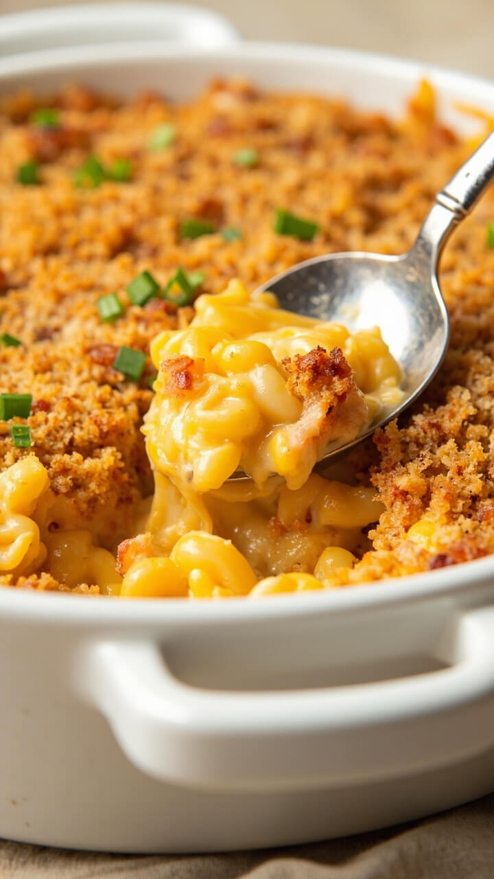 A white baking dish with golden, bubbling macaroni and cheese, visible chunks of pink langostino lobster dotted throughout, crispy breadcrumb topping, sprinkled with chives, served with a silver serving spoon.