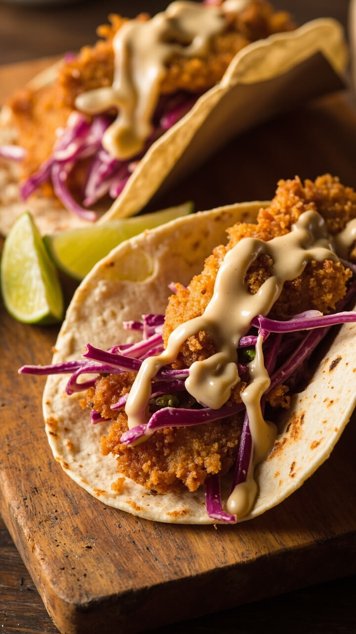 Two corn tortillas filled with crispy battered fish pieces, topped with vibrant purple cabbage slaw, and finished with a drizzle of creamy chipotle sauce. Tacos are on a rustic wooden board, lime wedges to the side. Two corn tortillas filled with crispy battered fish pieces, topped with vibrant purple cabbage slaw, and finished with a drizzle of creamy chipotle sauce. Tacos are on a rustic wooden board, lime wedges to the side.