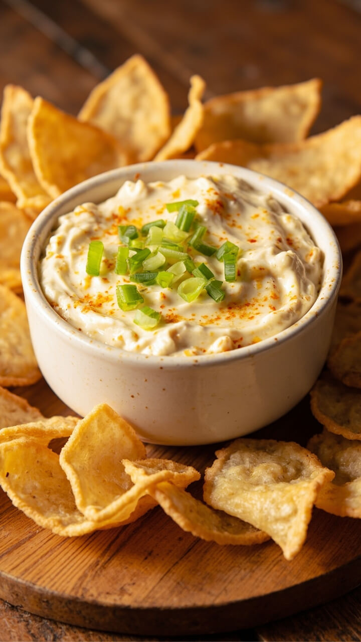 A bubbling dish of creamy imitation crab dip, golden on top, garnished with sliced green onions. Surrounded by crispy wonton chips arranged in a circle on a rustic serving board.