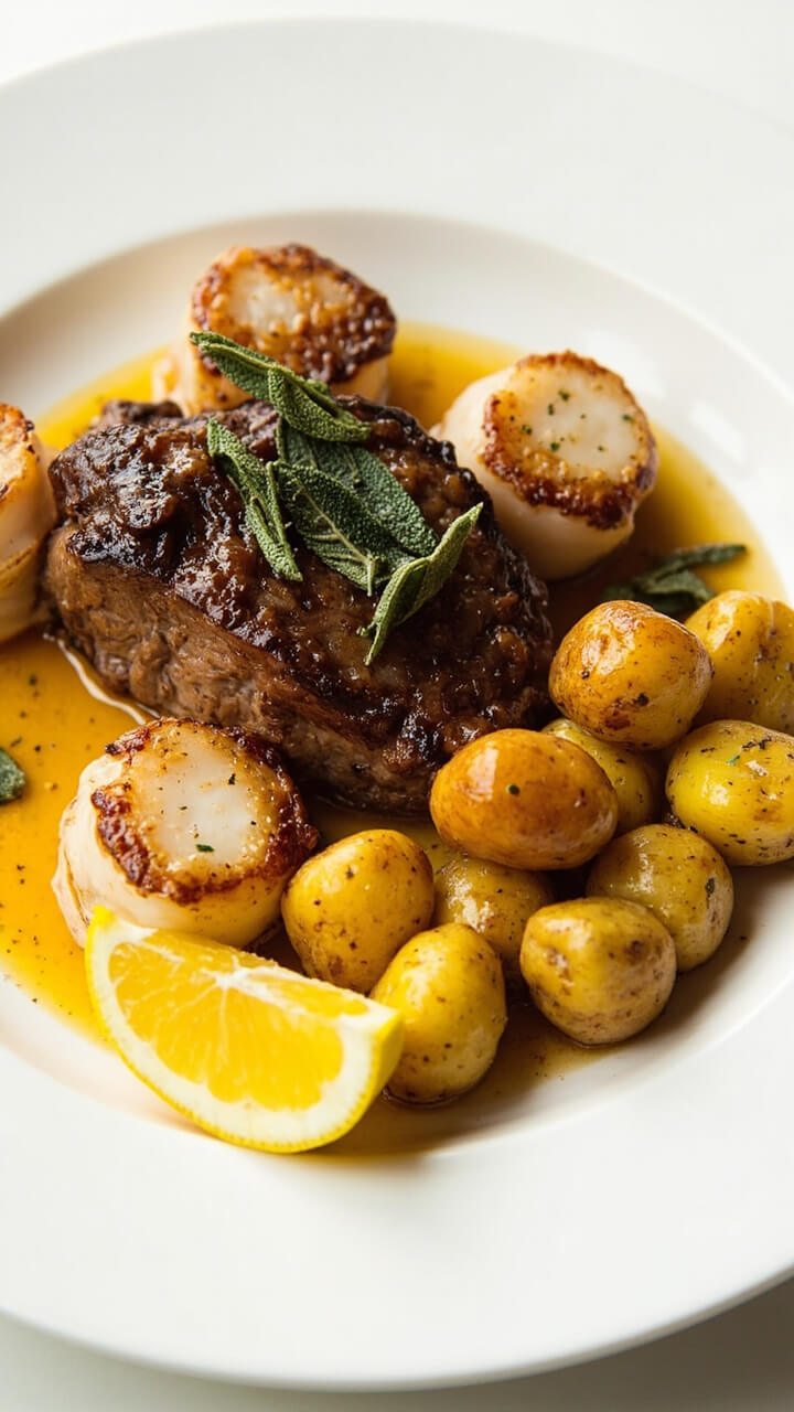 A clean white dinner plate with sliced steak and three scallops, all drizzled with golden brown butter dotted with crispy sage leaves. Roasted baby potatoes and a wedge of lemon rest alongside. A clean white dinner plate with sliced steak and three scallops, all drizzled with golden brown butter dotted with crispy sage leaves. Roasted baby potatoes and a wedge of lemon rest alongside.