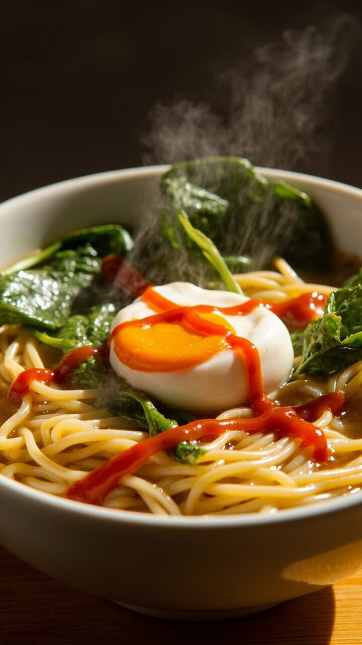 A classic white bowl filled with instant ramen noodles in a light golden broth, topped with a poached egg, wilted baby spinach, and a squiggle of bright red sriracha sauce, all on a honey-colored tray.