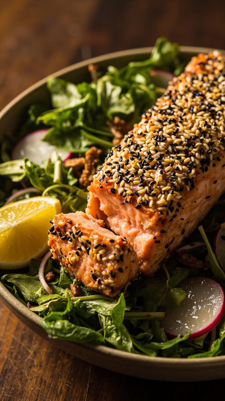 Salmon fillet with a thick coating of everything bagel seasoning, golden and crispy, sitting atop a shallow bowl of mixed greens with thinly sliced radishes and a lemon wedge. Salmon fillet with a thick coating of everything bagel seasoning, golden and crispy, sitting atop a shallow bowl of mixed greens with thinly sliced radishes and a lemon wedge.