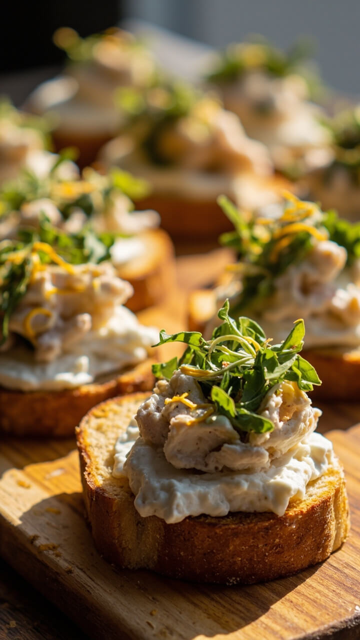 Slices of toasted country bread topped with a layer of whipped ricotta, a mound of crab meat, and a tangle of microgreens and chopped herbs, finished with lemon zest.