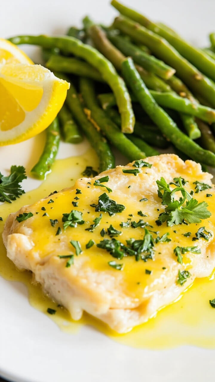 Oven-baked cod fillet on a white plate, topped with a drizzle of melted lemon butter, parsley sprinkled on top, alongside steamed green beans and a wedge of lemon.