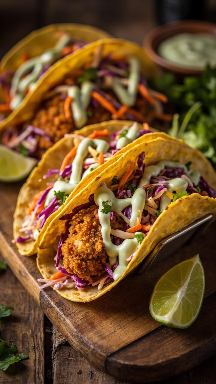 Warm corn tortillas loaded with spicy battered cod fingers, topped with vibrant slaw and a drizzle of creamy lime sauce. A lime wedge and a bowl of chopped cilantro sit nearby on the table.