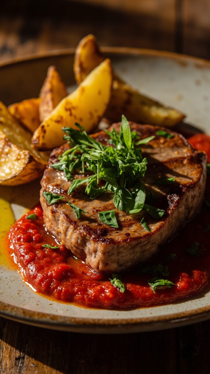 A thick slice of tuna steak served atop a smooth, deep red pepper sauce, garnished with chopped fresh basil and a drizzle of olive oil. Accompanied by roasted potato wedges.